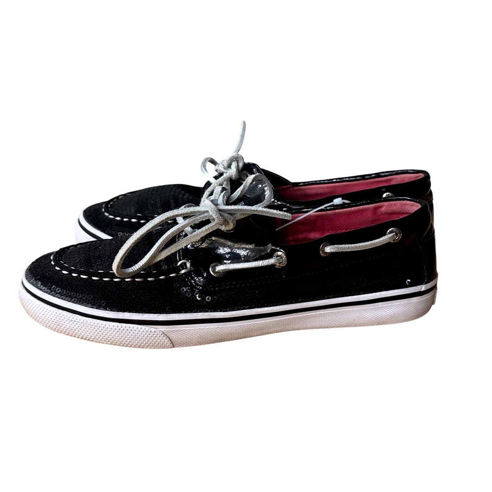 Sperry Top-Sider‎ Bahama Black Sequin Patent Boat Shoe Sneaker YG42862 Womens 5M